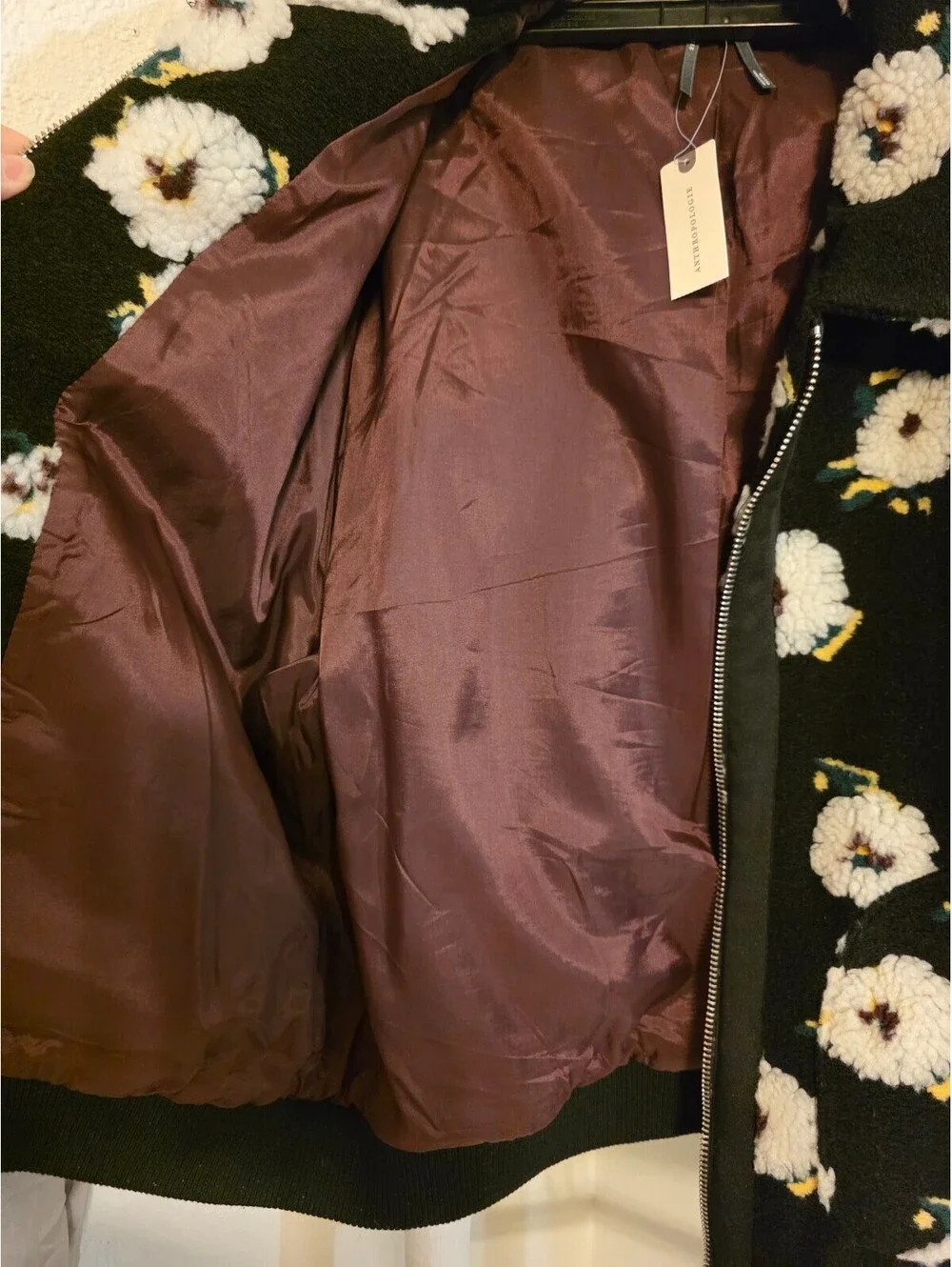 NWT Anthropologie Floral Sherpa Fleece Bomber Jacket Black White Daisy Medium M